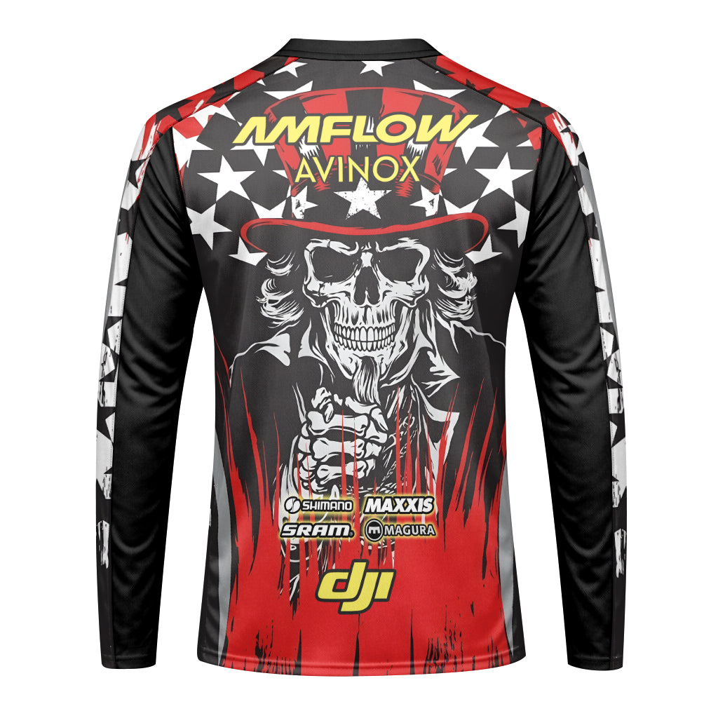Amflow Patriotic Cowboy Skull Red Black Long Sleeve Mountain Bike Jersey – Back View Mockup
