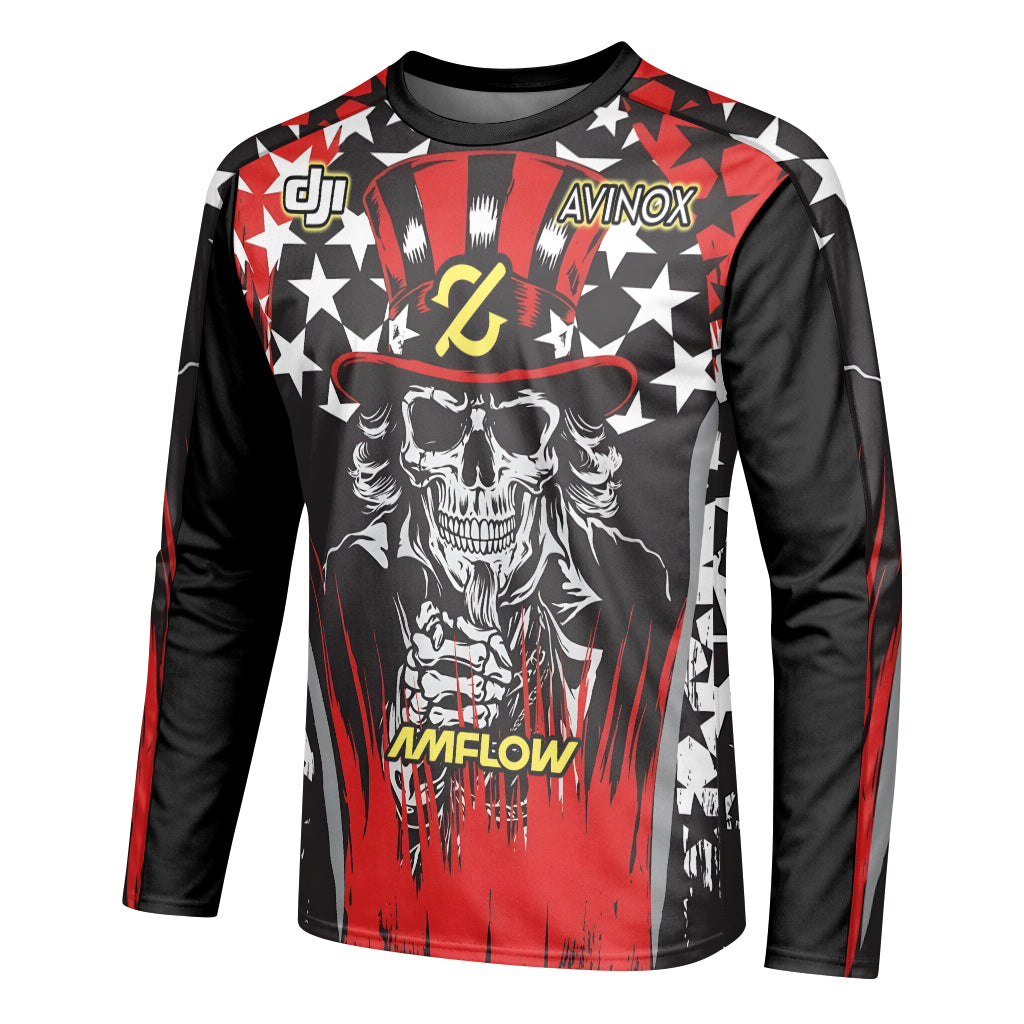 Amflow Patriotic Cowboy Skull Red Black Long Sleeve Mountain Bike Jersey – Left Side View Mockup