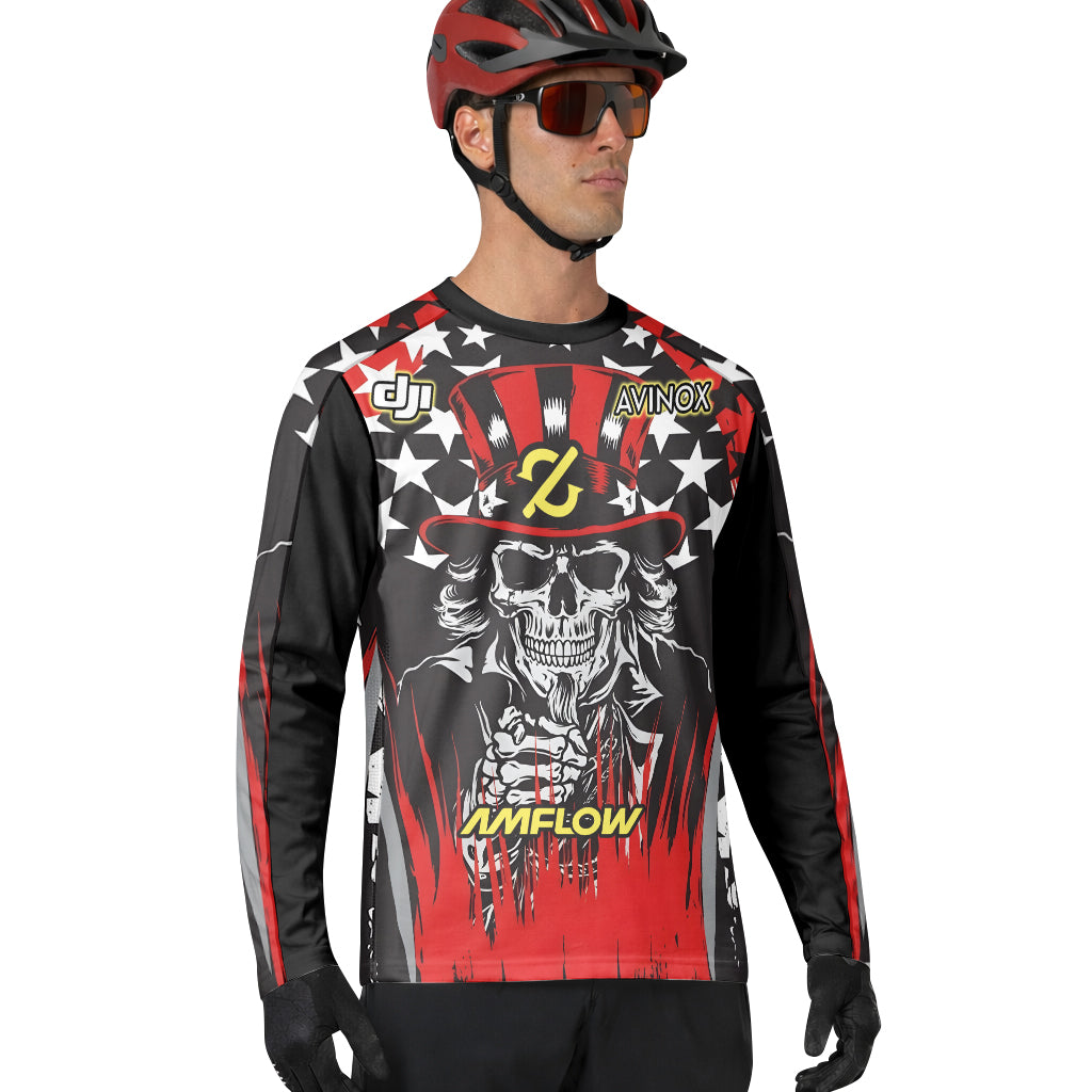 Amflow Patriotic Cowboy Skull Red Black Long Sleeve Mountain Bike Jersey – Lifestyle View