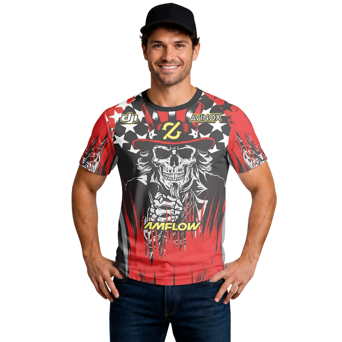 Amflow Patriotic Cowboy Skull Red Black Short Sleeve Mountain Bike Jersey – Lifestyle View