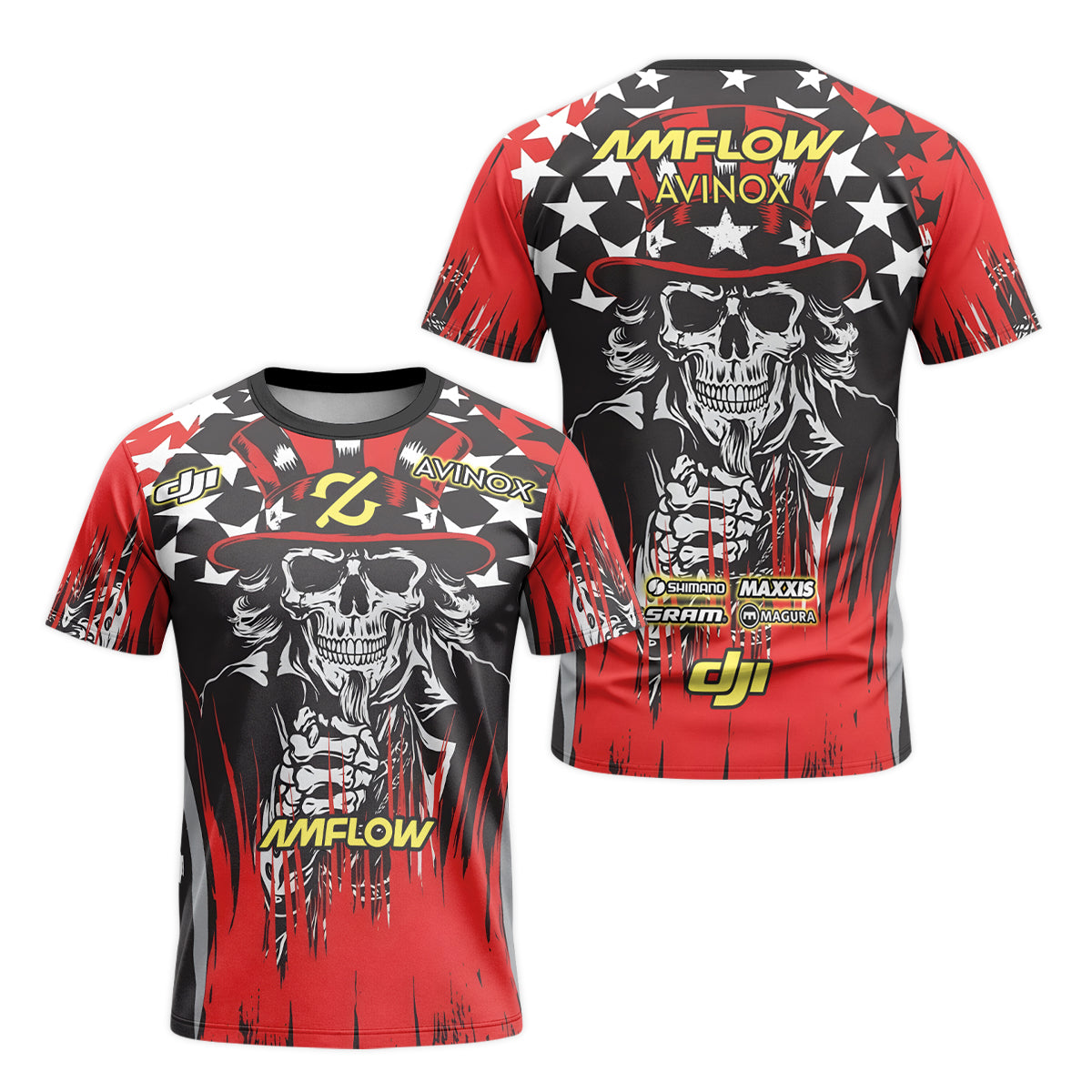 Amflow Patriotic Cowboy Skull Red Black Short Sleeve Mountain Bike Jersey – Front and Back View