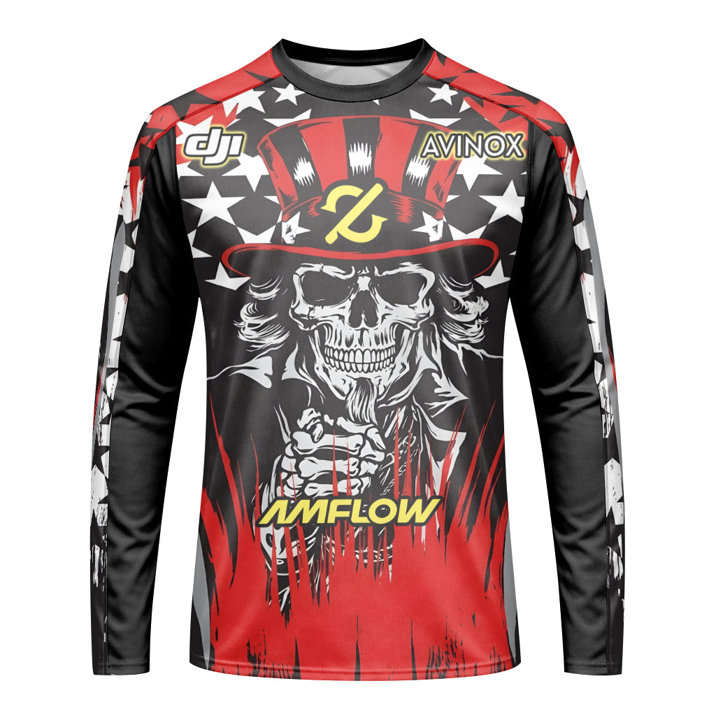 Amflow Patriotic Cowboy Skull Red Black Youth Long Sleeve Mountain Bike Jersey – Front View Mockup