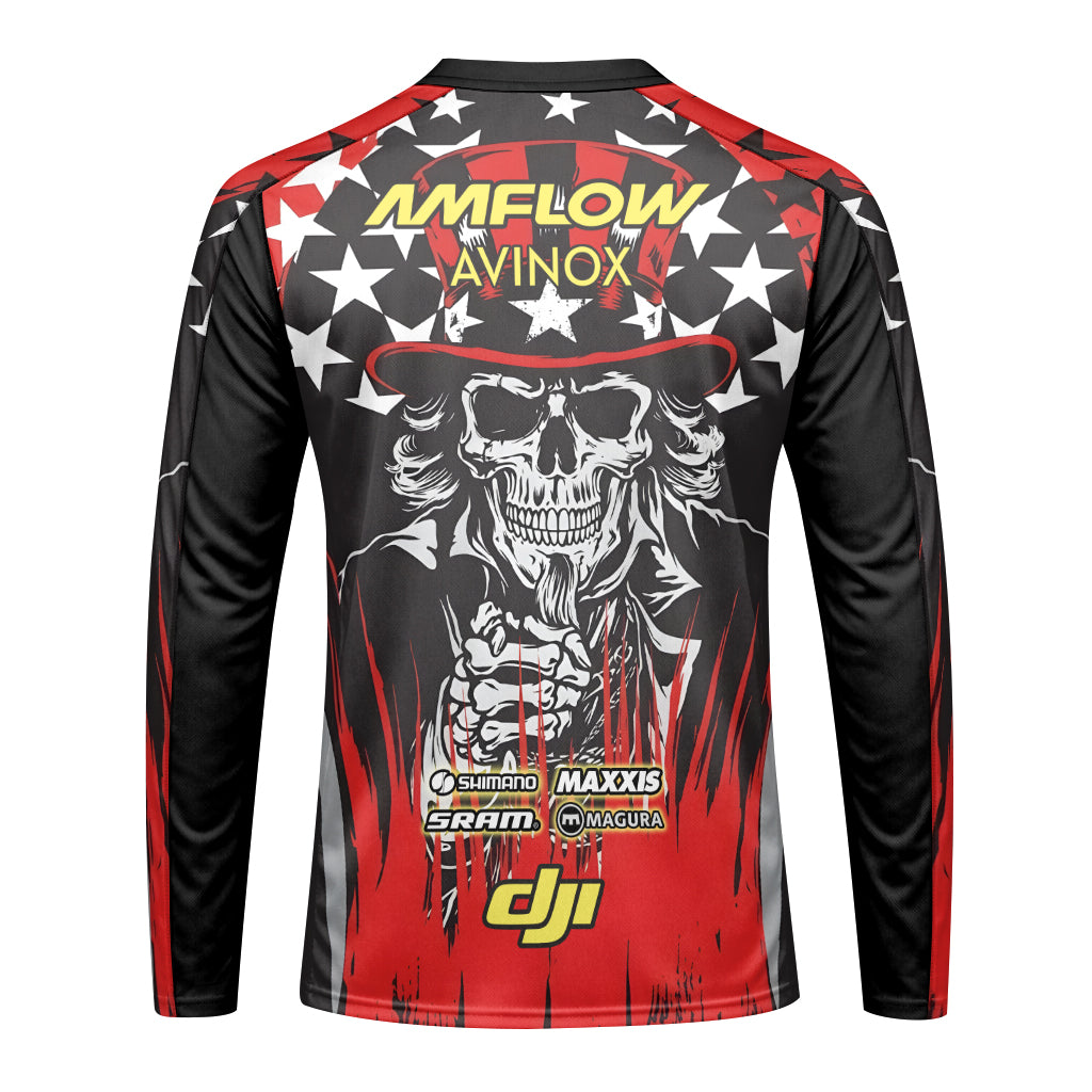 Amflow Patriotic Cowboy Skull Red Black Youth Long Sleeve Mountain Bike Jersey – Back View Mockup