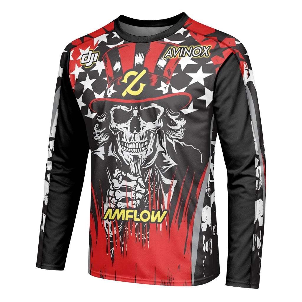 Amflow Patriotic Cowboy Skull Red Black Youth Long Sleeve Mountain Bike Jersey – Left Side View Mockup