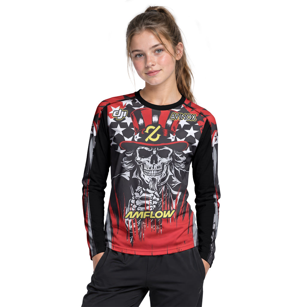 Amflow Patriotic Cowboy Skull Red Black Youth Long Sleeve Mountain Bike Jersey – Girl Lifestyle View