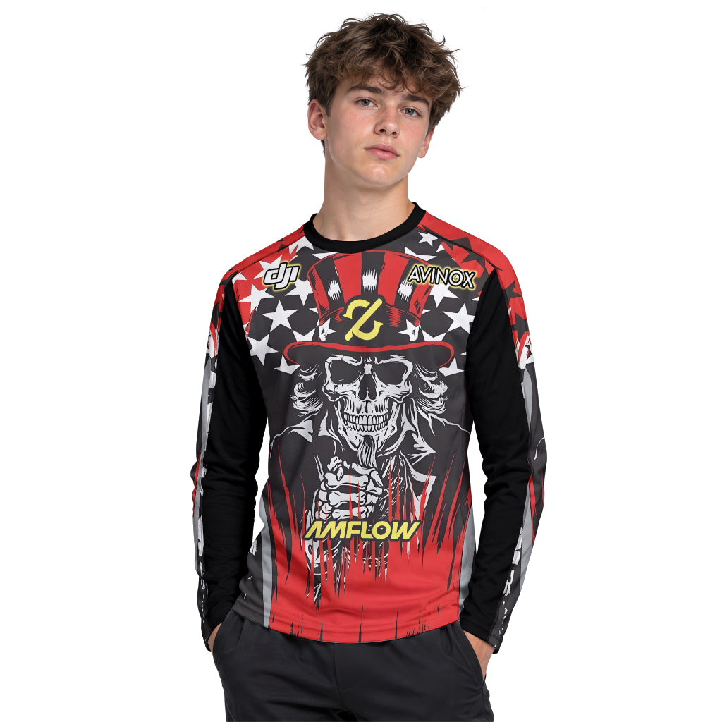 Amflow Patriotic Cowboy Skull Red Black Youth Long Sleeve Mountain Bike Jersey – Boy Lifestyle View