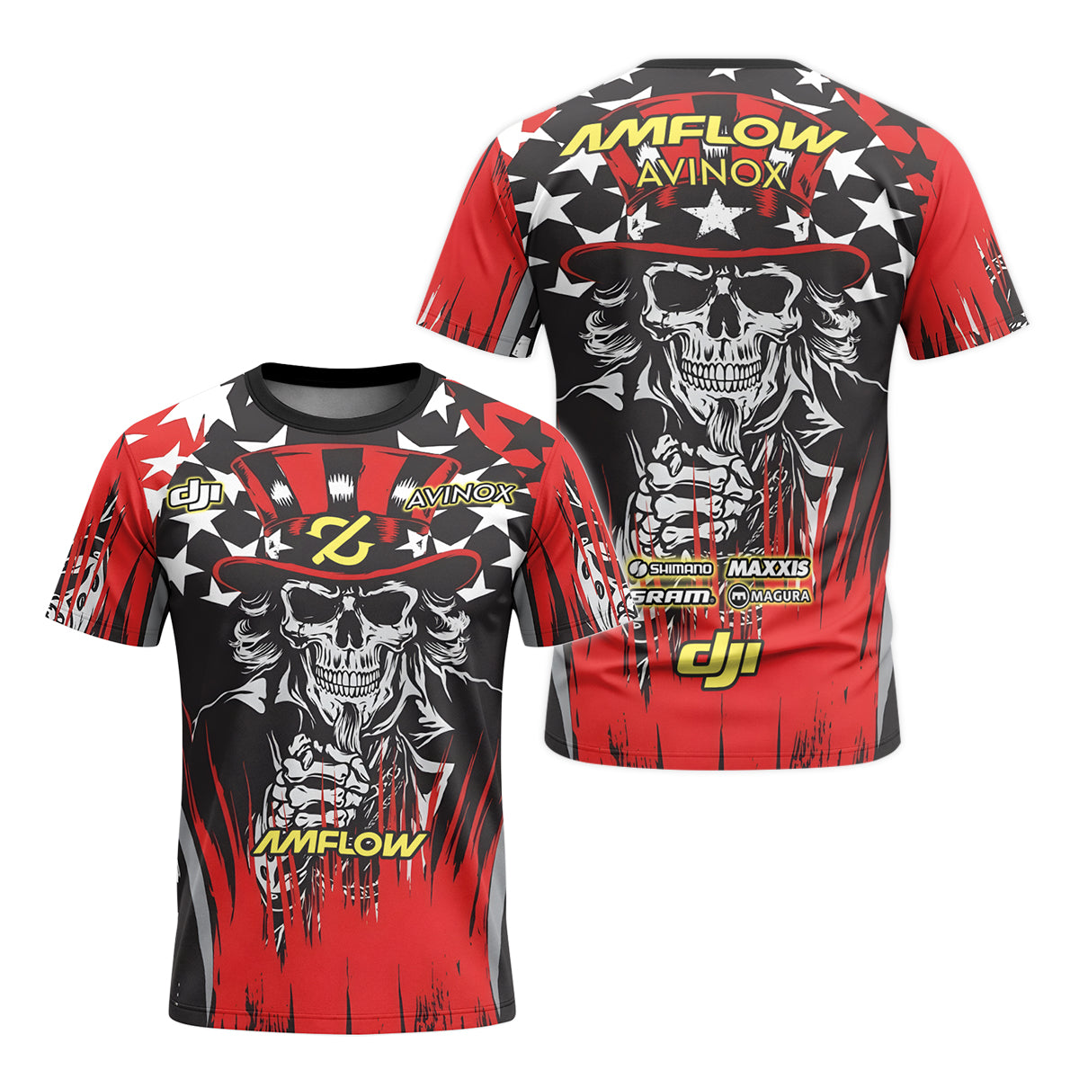Amflow Patriotic Cowboy Skull Red Black Youth Short Sleeve Mountain Bike Jersey – Front and Back View