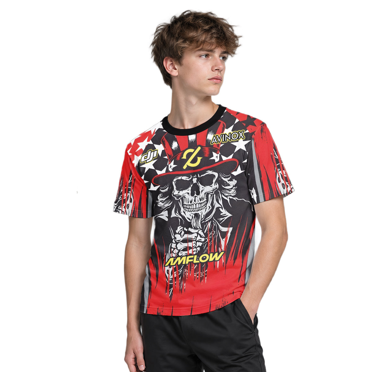 Amflow Patriotic Cowboy Skull Red Black Youth Short Sleeve Mountain Bike Jersey – Boy Lifestyle View