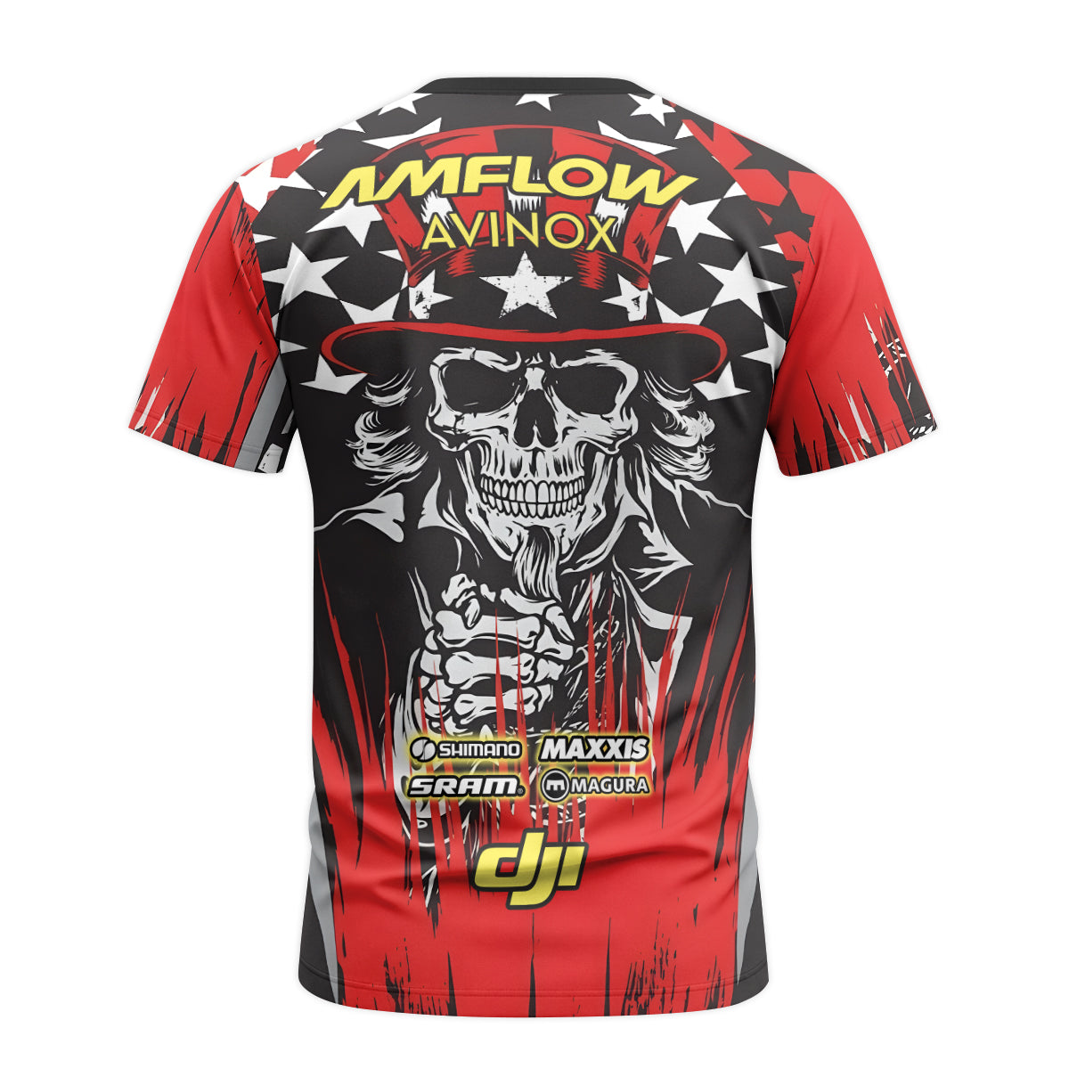 Amflow Patriotic Cowboy Skull Red Black Youth Short Sleeve Mountain Bike Jersey – Back View Mockup