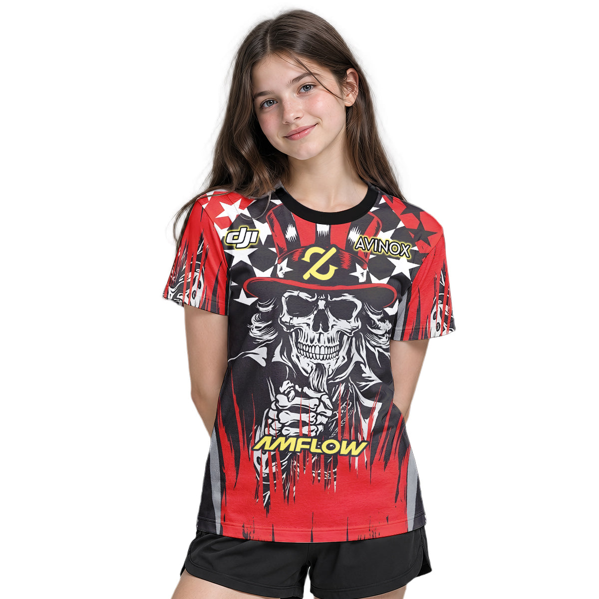 Amflow Patriotic Cowboy Skull Red Black Youth Short Sleeve Mountain Bike Jersey – Girl Lifestyle View