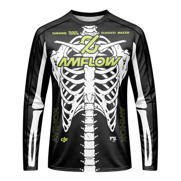 Amflow Skeleton Rib Cage Black Neon Green Long Sleeve Mountain Bike Jersey – Front View Mockup