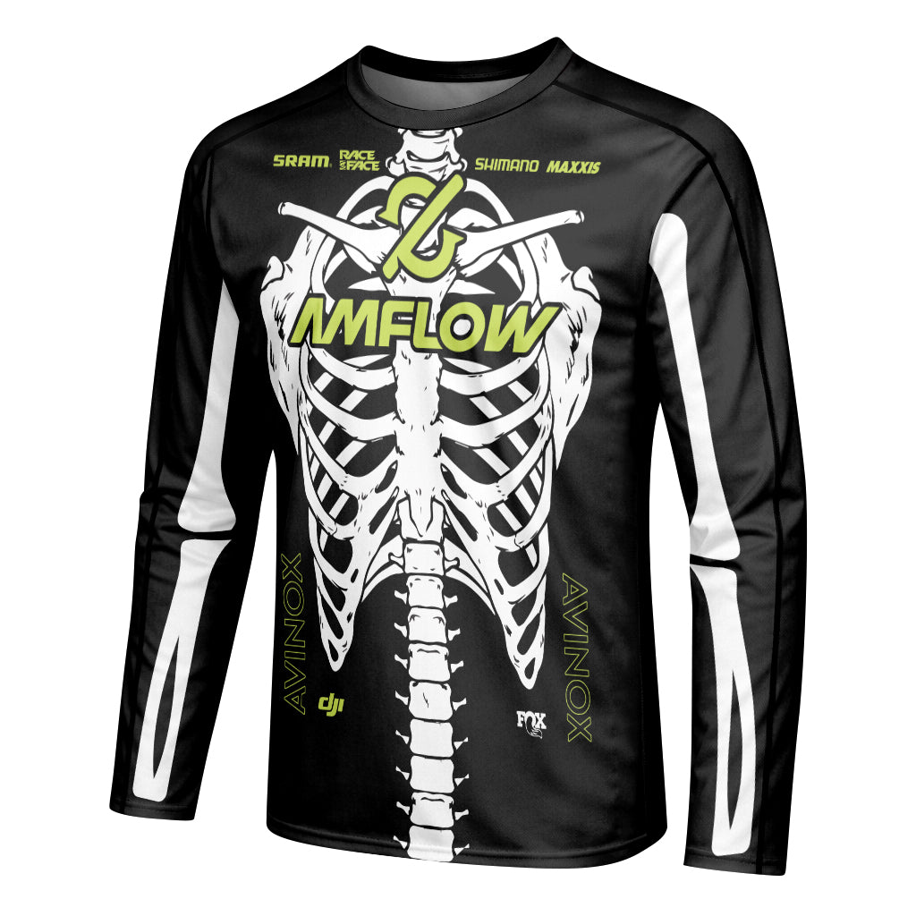 Amflow Skeleton Rib Cage Black Neon Green Long Sleeve Mountain Bike Jersey – Left Side View Mockup