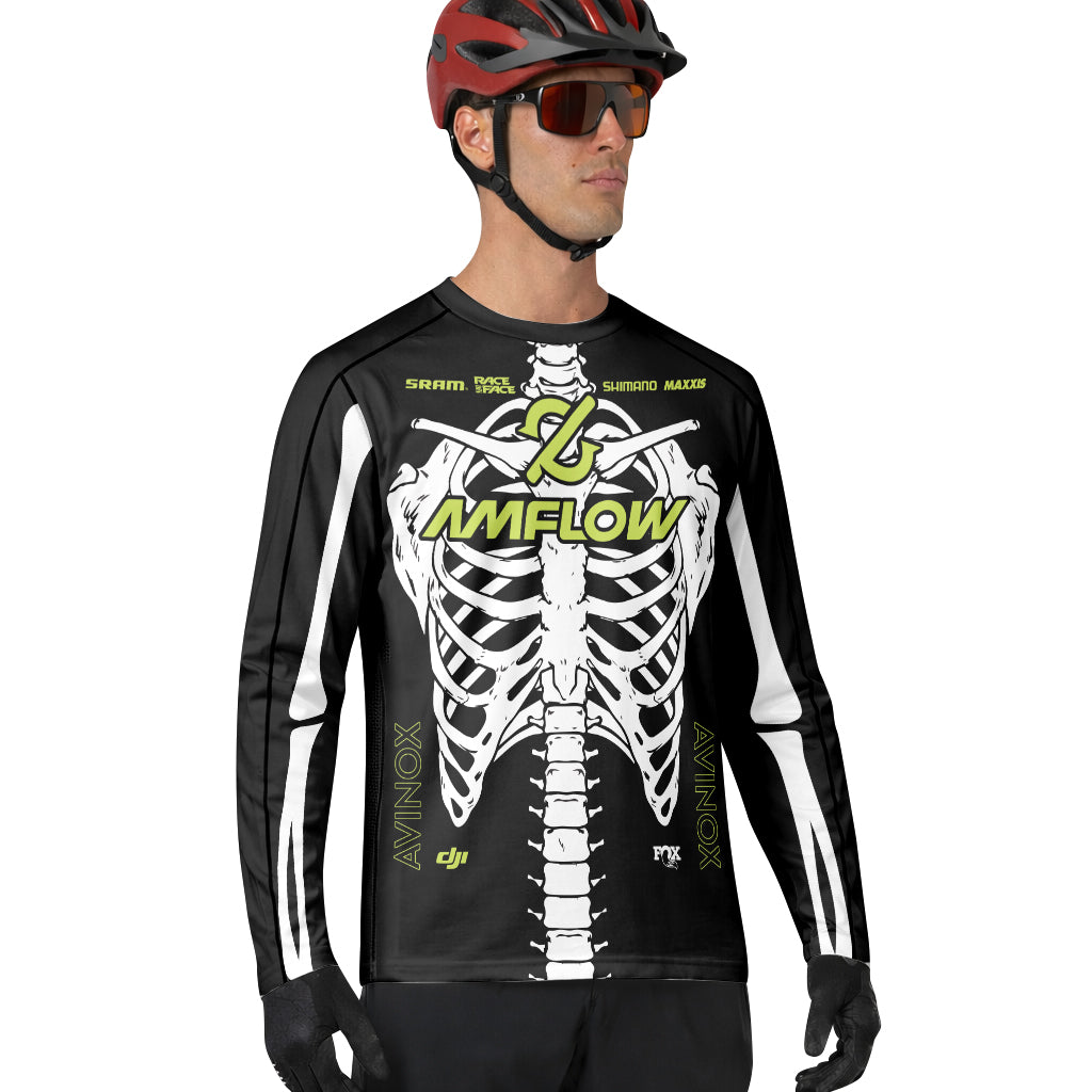 Amflow Skeleton Rib Cage Black Neon Green Long Sleeve Mountain Bike Jersey – Lifestyle View
