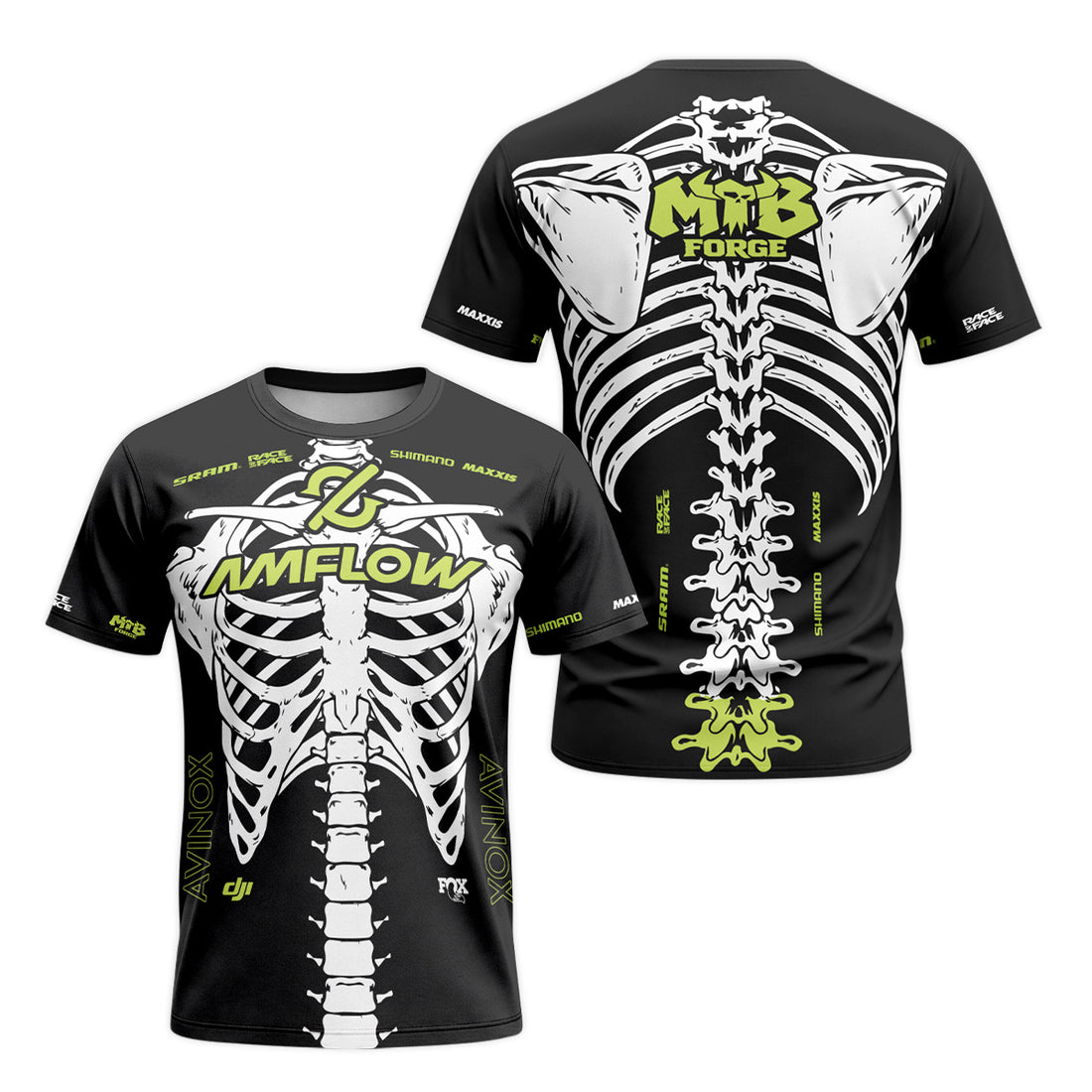 Amflow Skeleton Rib Cage Black Neon Green Short Sleeve Mountain Bike Jersey – Front and Back View