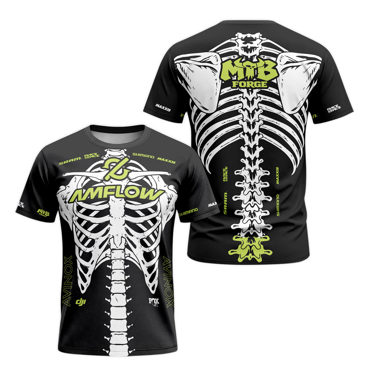 Amflow Skeleton Rib Cage Black Neon Green Short Sleeve Mountain Bike Jersey – Front and Back View