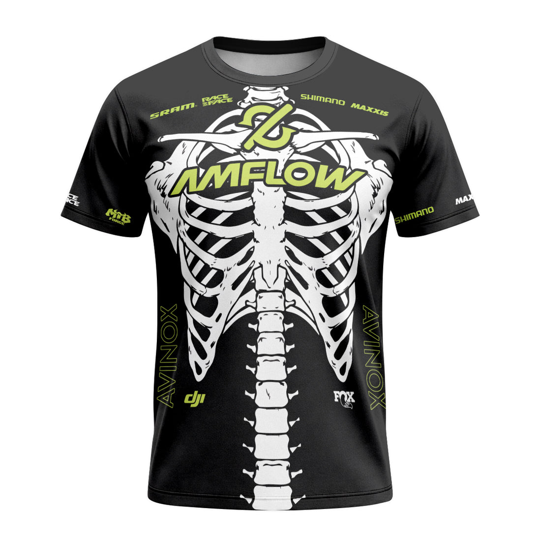 Amflow Skeleton Rib Cage Black Neon Green Short Sleeve Mountain Bike Jersey – Front and Back View