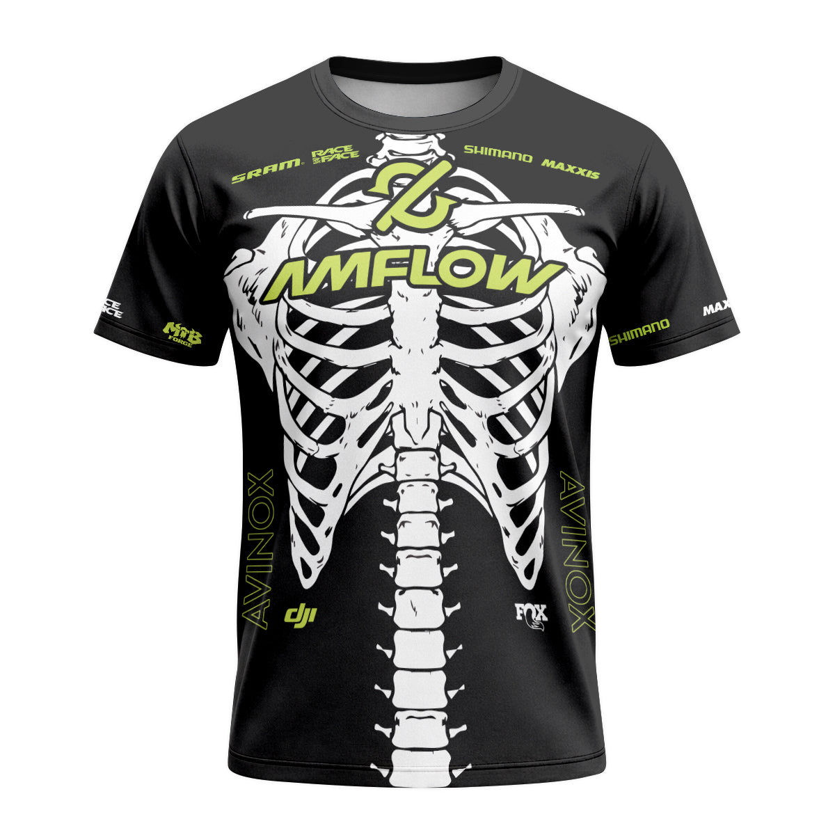 Amflow Skeleton Rib Cage Black Neon Green Short Sleeve Mountain Bike Jersey – Front View Mockup