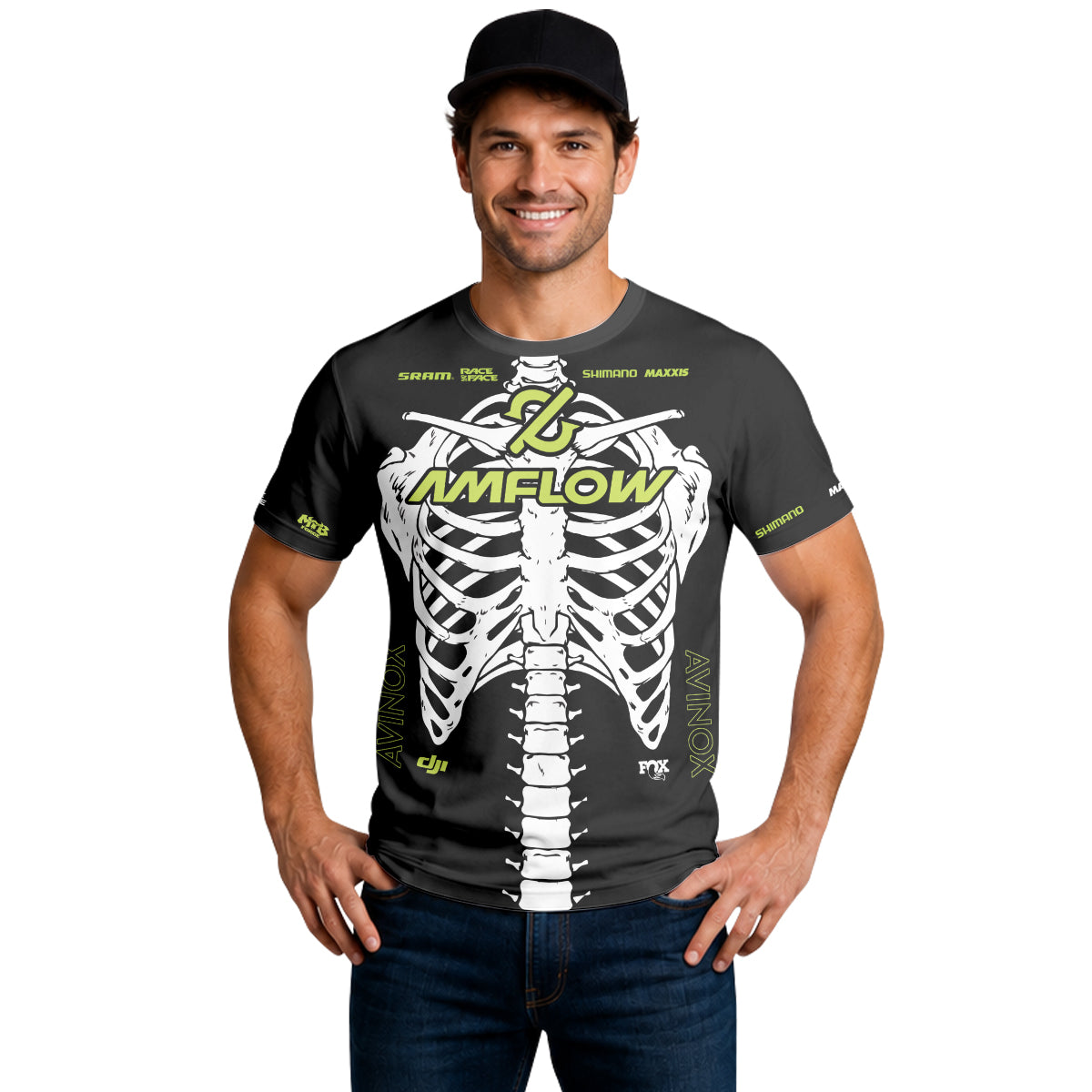 Amflow Skeleton Rib Cage Black Neon Green Short Sleeve Mountain Bike Jersey – Lifestyle View