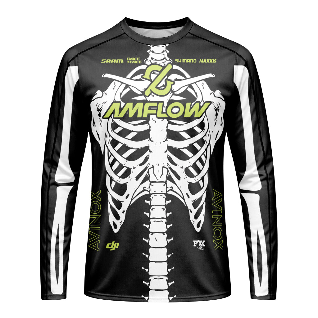 Amflow Skeleton Rib Cage Black Neon Green Youth Long Sleeve Mountain Bike Jersey – Front View Mockup