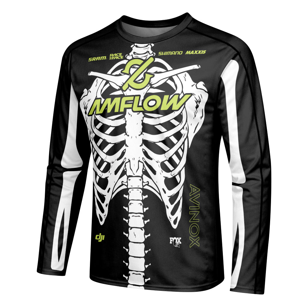 Amflow Skeleton Rib Cage Black Neon Green Youth Long Sleeve Mountain Bike Jersey – Left Side View Mockup