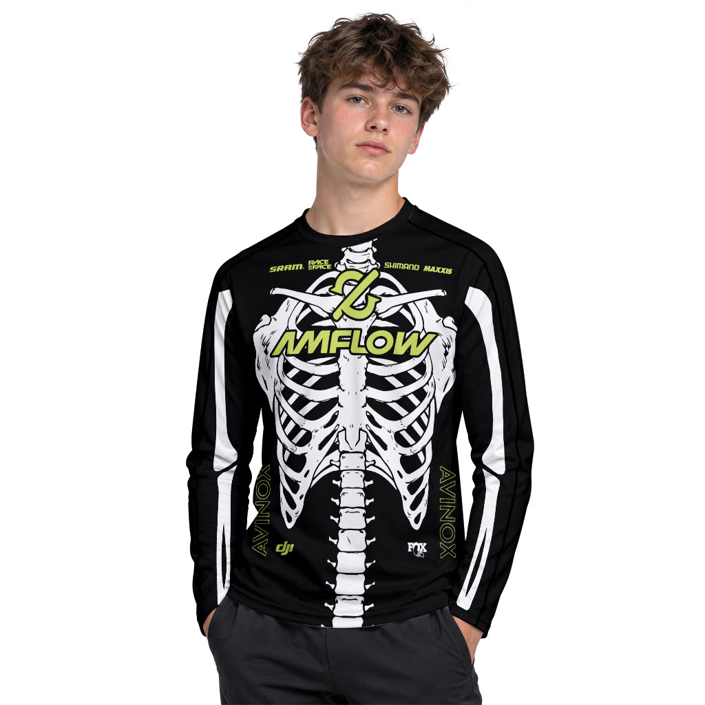 Amflow Skeleton Rib Cage Black Neon Green Youth Long Sleeve Mountain Bike Jersey – Boy Lifestyle View