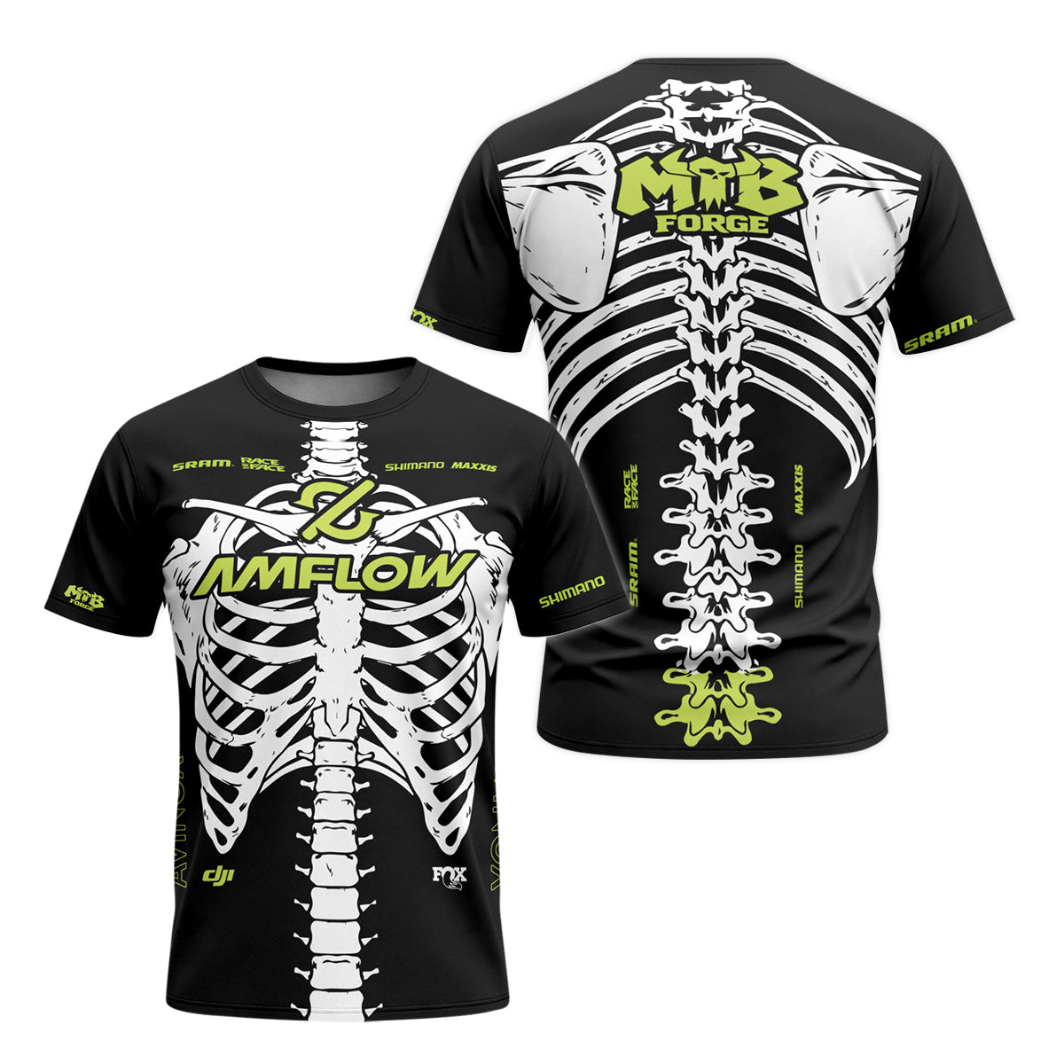Amflow Skeleton Rib Cage Black Neon Green Youth Short Sleeve Mountain Bike Jersey – Front and Back View