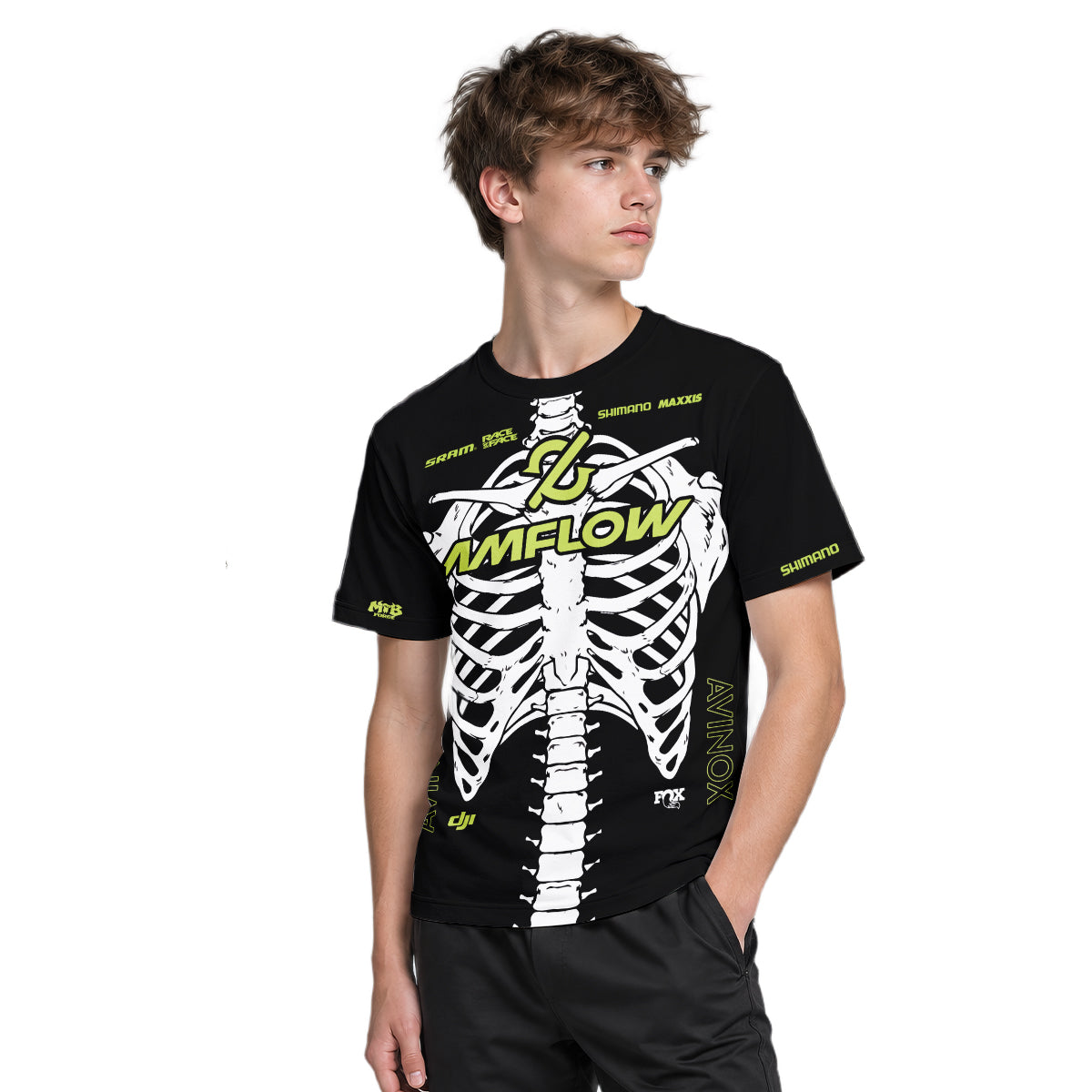 Amflow Skeleton Rib Cage Black Neon Green Youth Short Sleeve Mountain Bike Jersey – Boy Lifestyle View