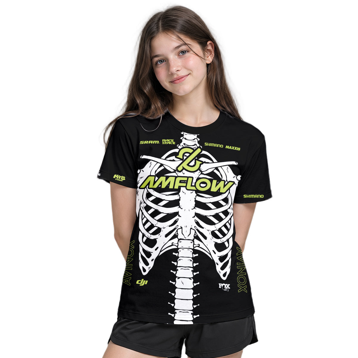 Amflow Skeleton Rib Cage Black Neon Green Youth Short Sleeve Mountain Bike Jersey – Girl Lifestyle View