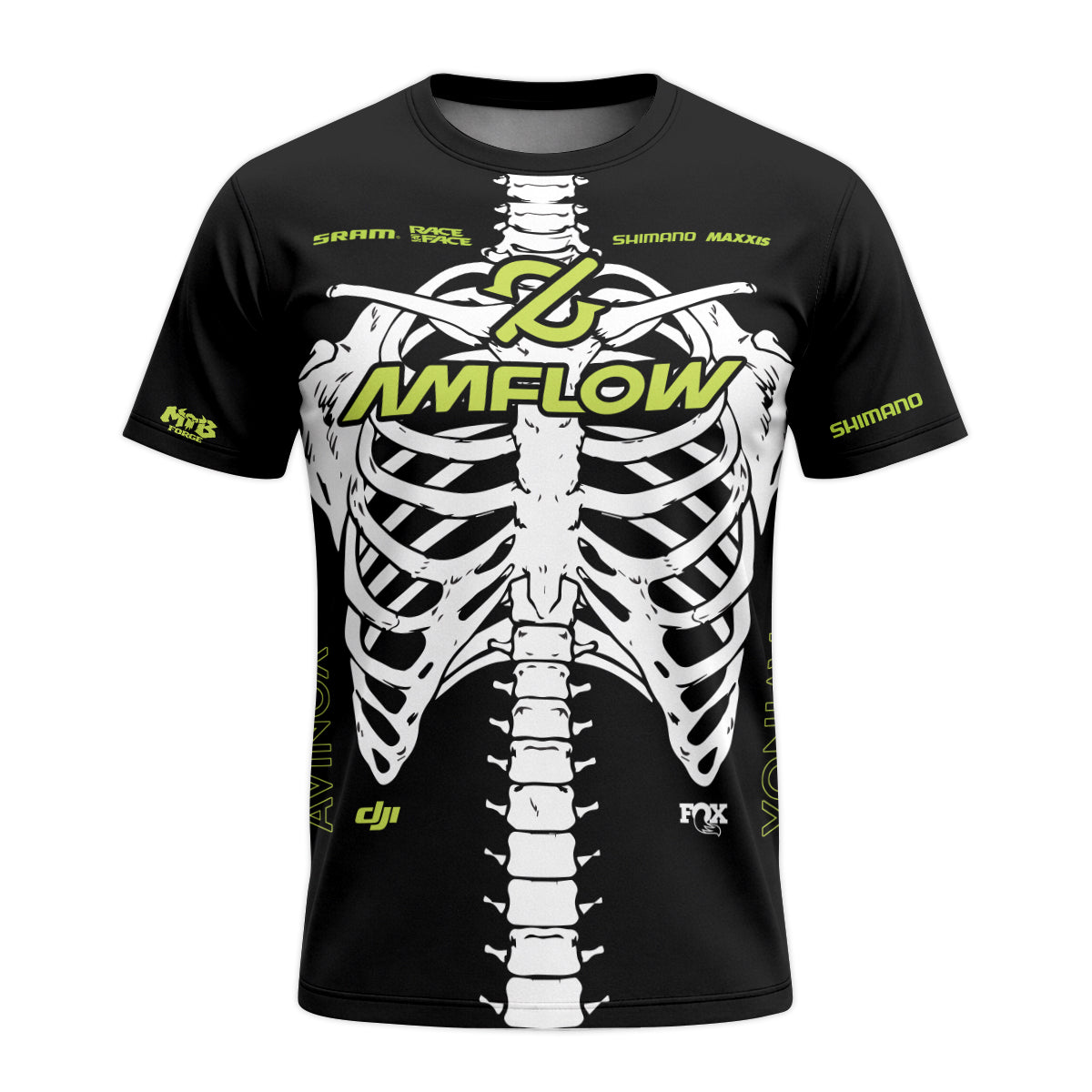 Amflow Skeleton Rib Cage Black Neon Green Youth Short Sleeve Mountain Bike Jersey – Front View Mockup