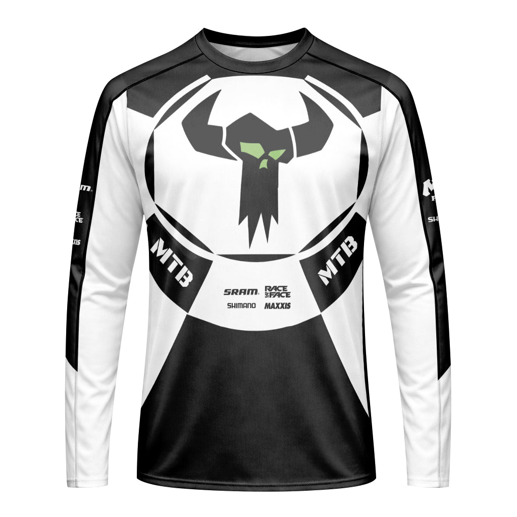 Black White Performance Youth Long Sleeve Mountain Bike Jersey – Front View Mockup