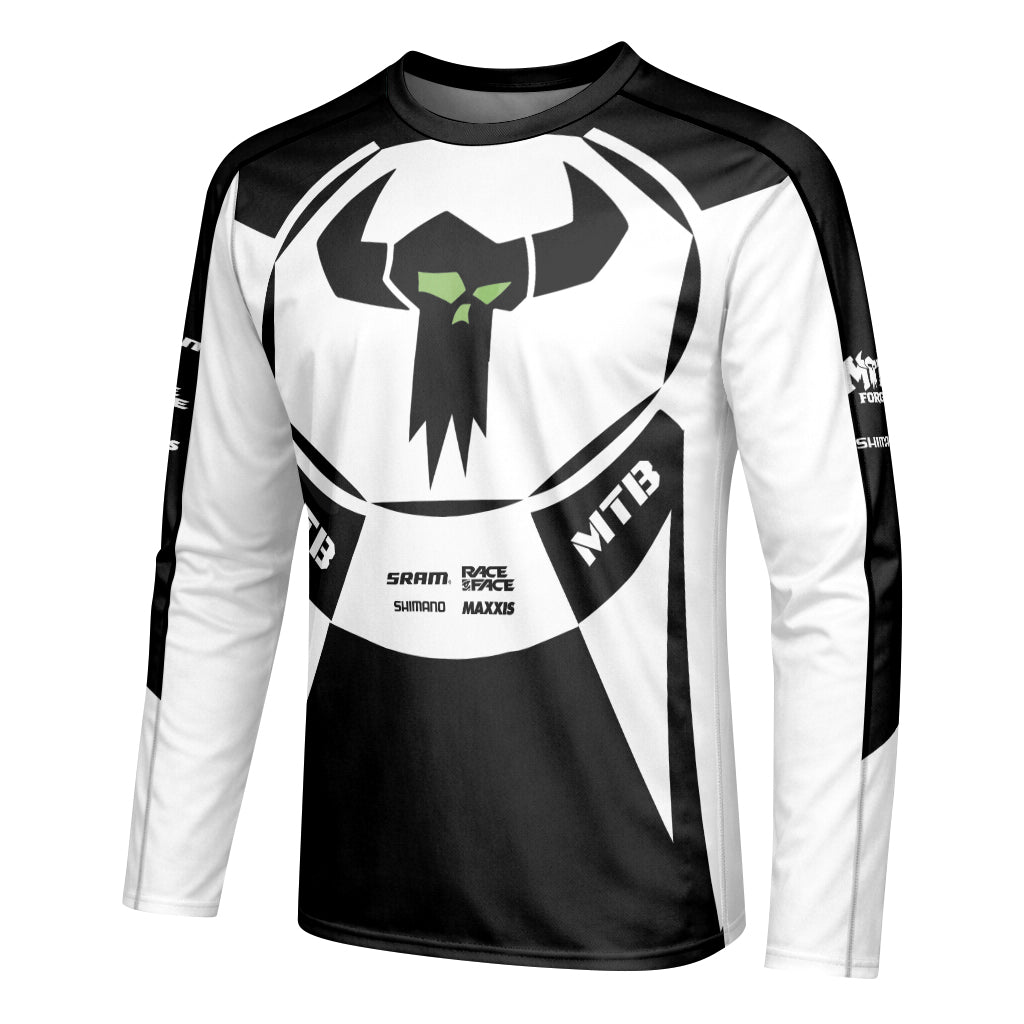 Black White Performance Youth Long Sleeve Mountain Bike Jersey – Left Side View Mockup