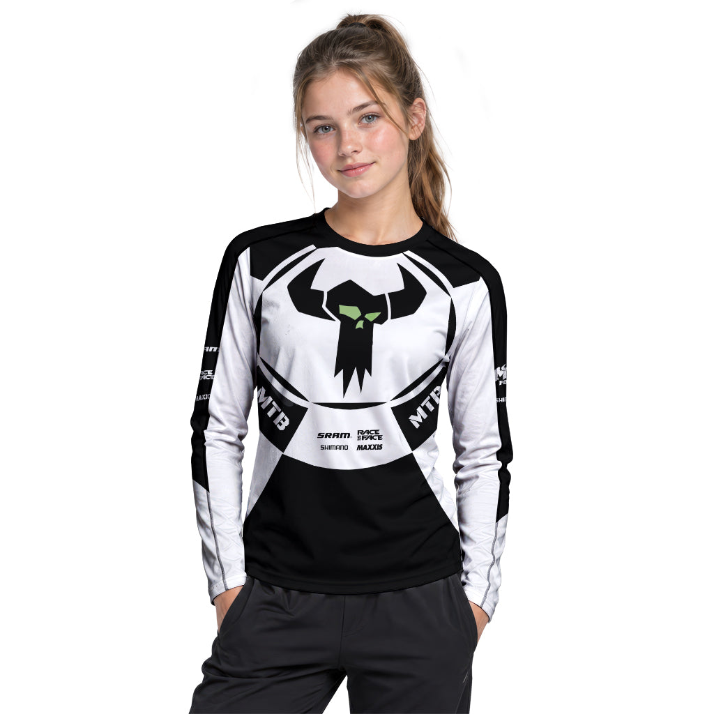 Black White Performance Youth Long Sleeve Mountain Bike Jersey – Girl Lifestyle View