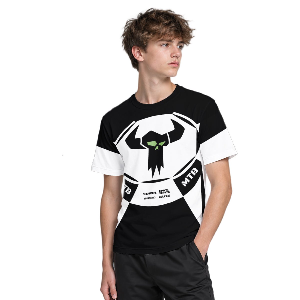 Black White Performance Youth Short Sleeve Mountain Bike Jersey – Boy Lifestyle View