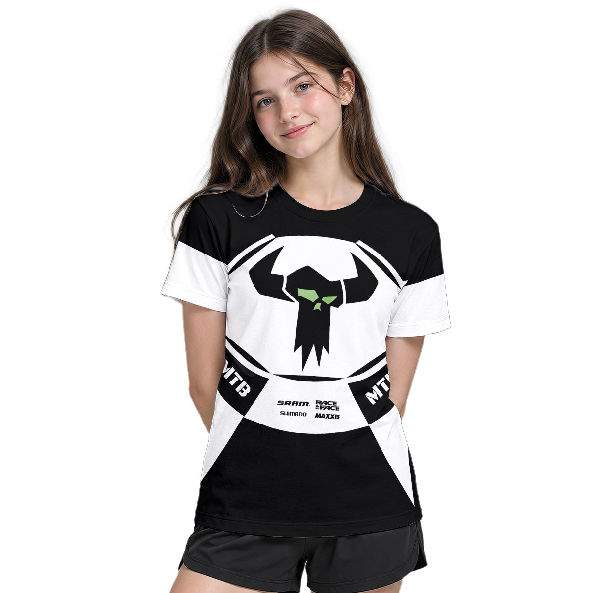 Black White Performance Youth Short Sleeve Mountain Bike Jersey – Girl Lifestyle View