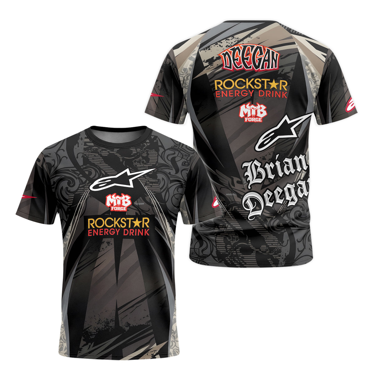Brian Deegan Rockstar Energy Alpinestars Black Gray Youth Short Sleeve Motocross Jersey – Front and Back View
