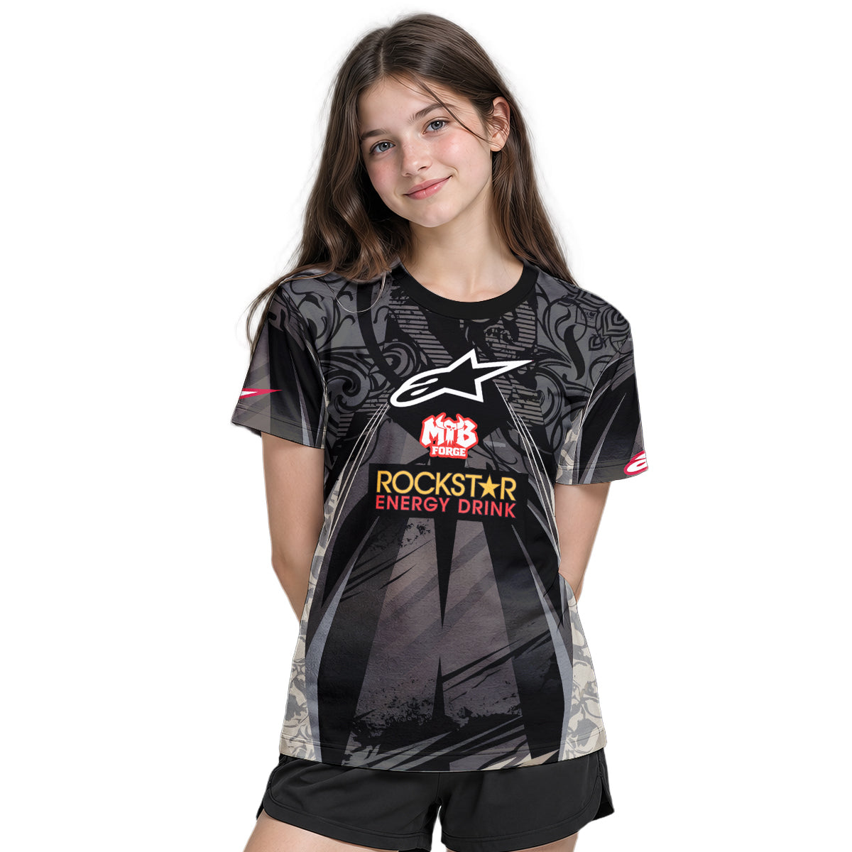 Brian Deegan Rockstar Energy Alpinestars Black Gray Youth Short Sleeve Motocross Jersey – Girl Lifestyle View