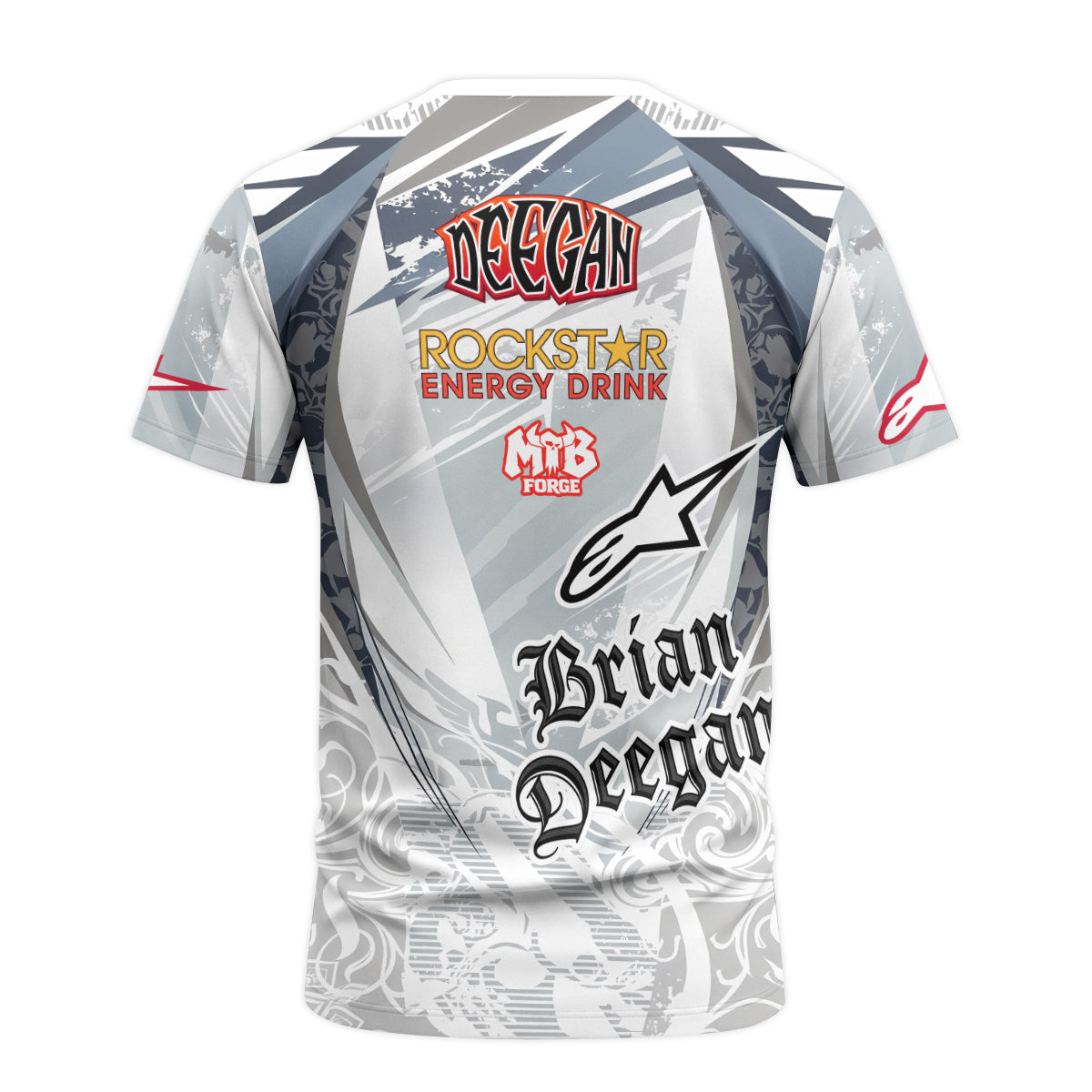 Brian Deegan Rockstar Energy Alpinestars White Gray Short Sleeve Motocross Jersey – Back View Mockup