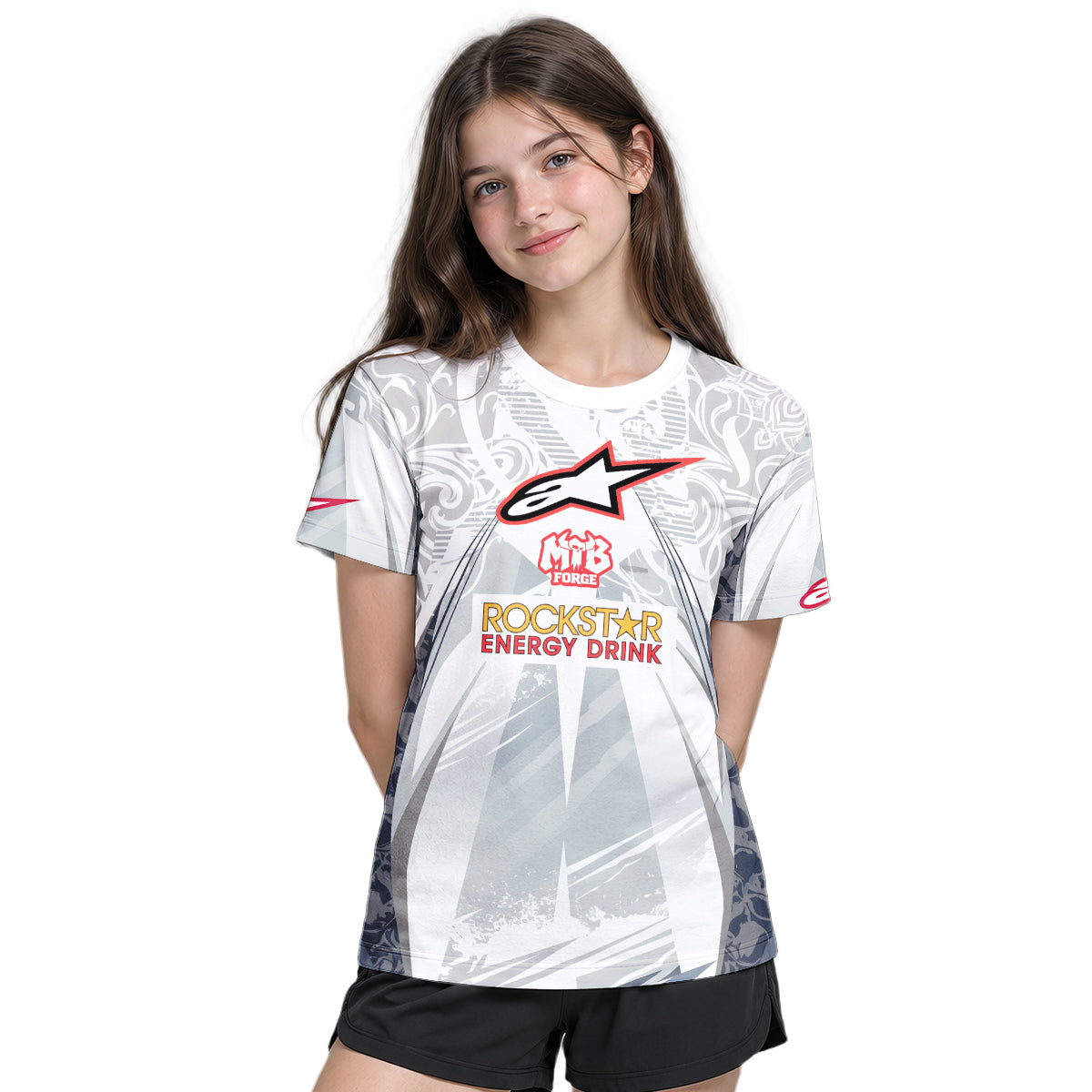 Brian Deegan Rockstar Energy Alpinestars White Gray Youth Short Sleeve Motocross Jersey – Girl Lifestyle View