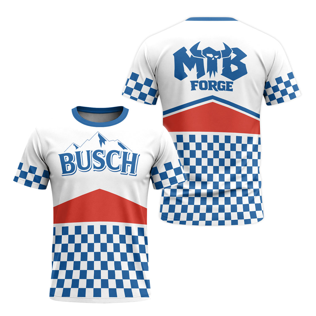 Busch Vintage Checkerboard Race T-Shirt | Busch Bike Rider MTB T-Shirt - front and back view