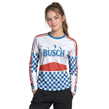 Busch Vintage Checkerboard Youth Long Sleeve Mountain Bike Jersey – Girl Lifestyle View
