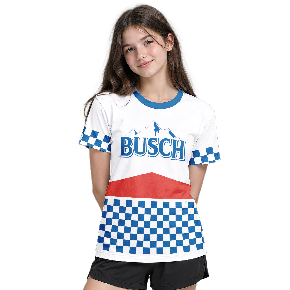 Busch Vintage Checkerboard Youth Short Sleeve Mountain Bike Jersey – Girl Lifestyle View