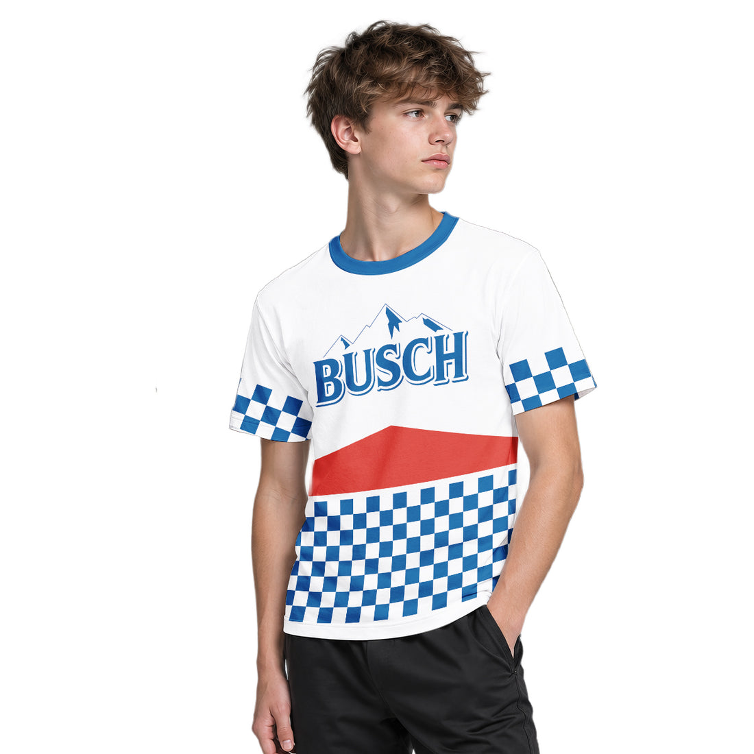 Busch Vintage Checkerboard Youth Short Sleeve Mountain Bike Jersey – Boy Lifestyle View