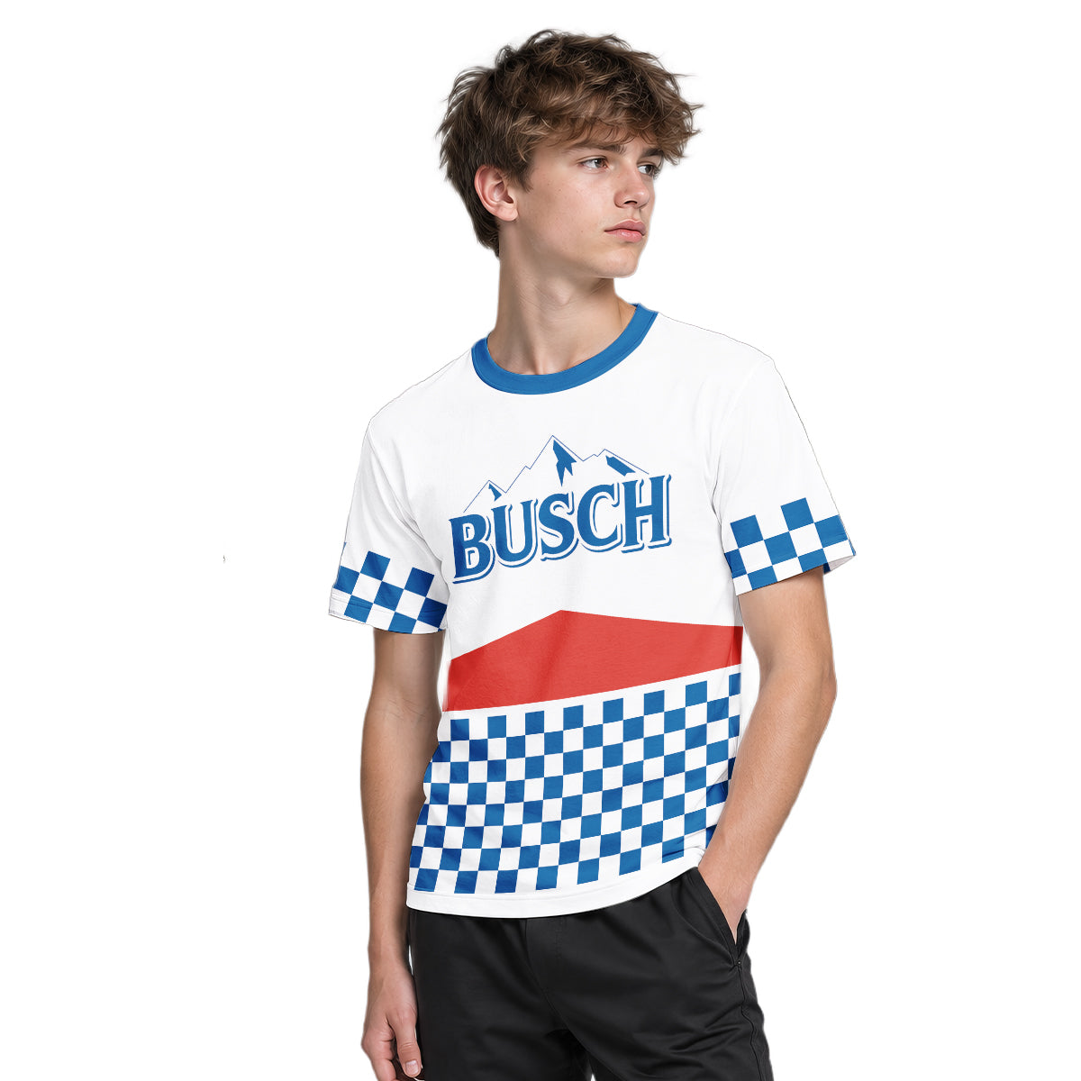 Busch Vintage Checkerboard Youth Short Sleeve Mountain Bike Jersey – Boy Lifestyle View
