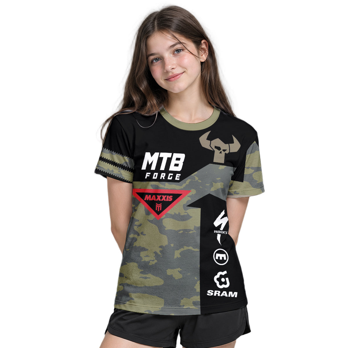 Camo Downhill Youth Short Sleeve Mountain Bike Jersey – Girl Lifestyle View