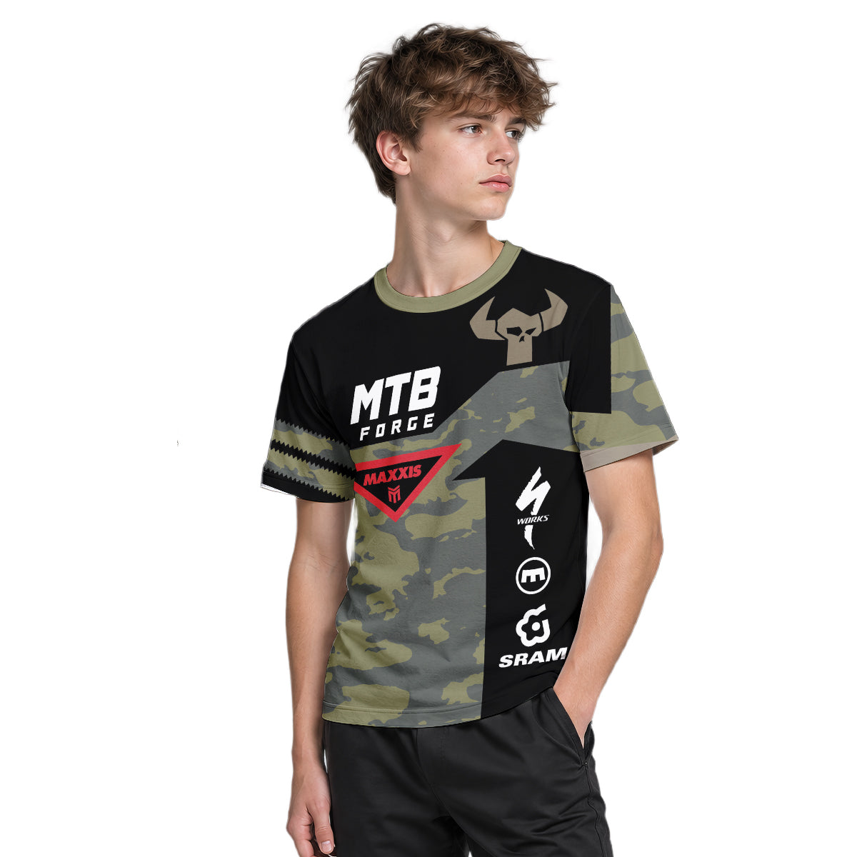 Camo Downhill Youth Short Sleeve Mountain Bike Jersey – Boy Lifestyle View