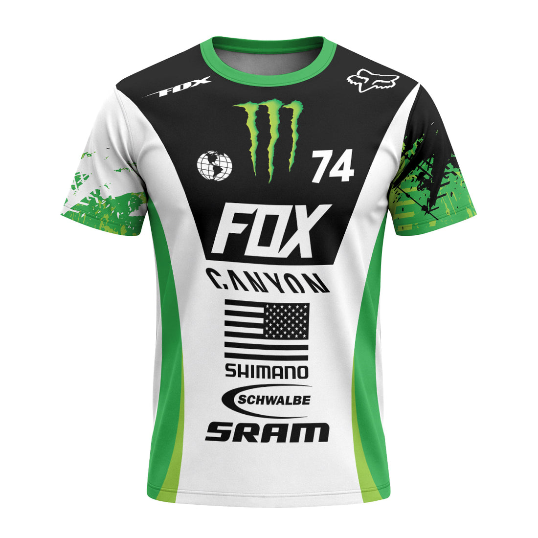 Canyon Fox Factory Monster Energy Team 74 Short Sleeve Mountain Bike Jersey - front and back view
