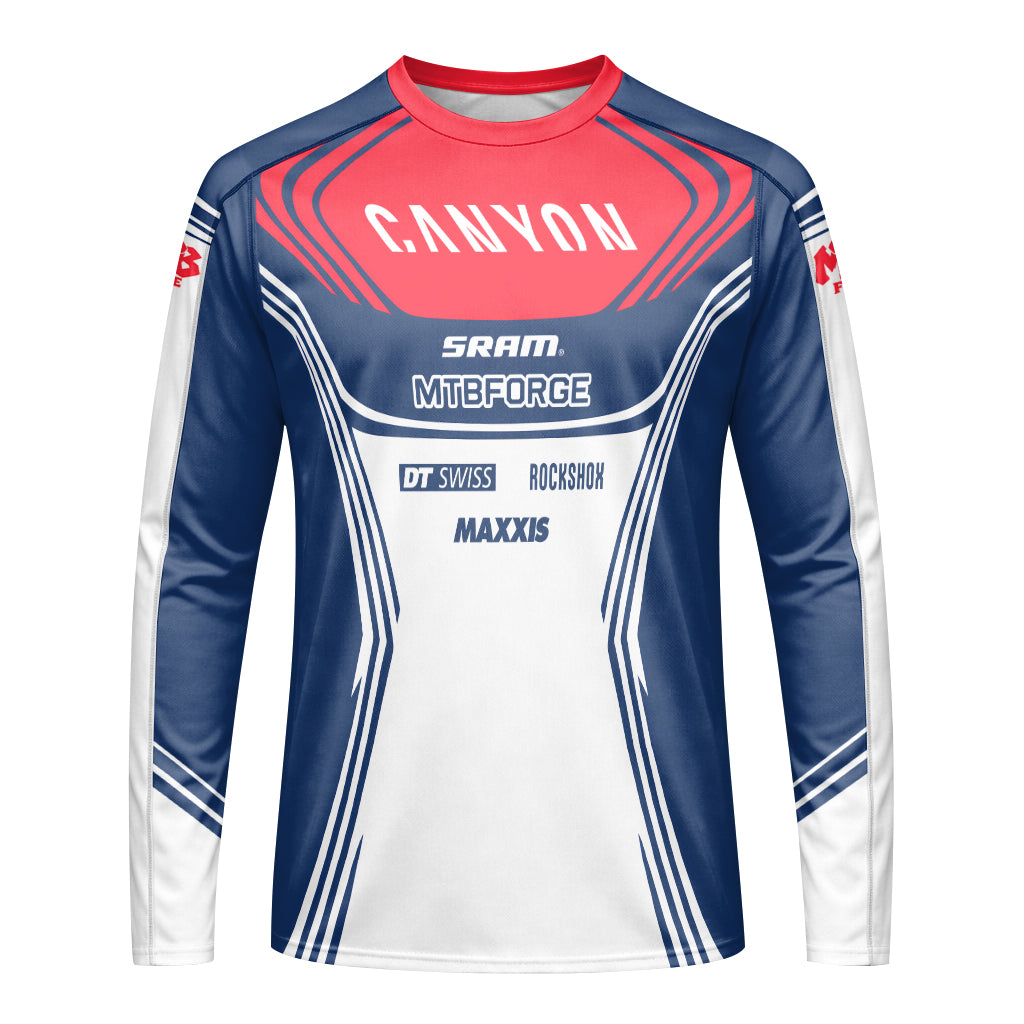 Canyon SRAM DT Swiss Maxxis Blue White Long Sleeve Mountain Bike Jersey - front view mockup