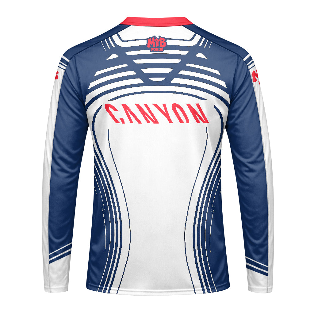 Canyon SRAM DT Swiss Maxxis Blue White Long Sleeve Mountain Bike Jersey - front view mockup