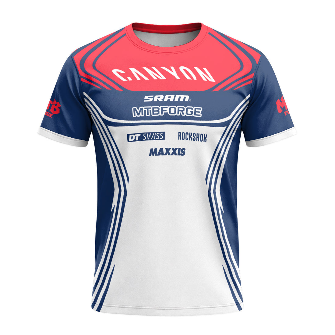 Canyon SRAM DT Swiss Maxxis Blue White Short Sleeve Mountain Bike Jersey - front and back view