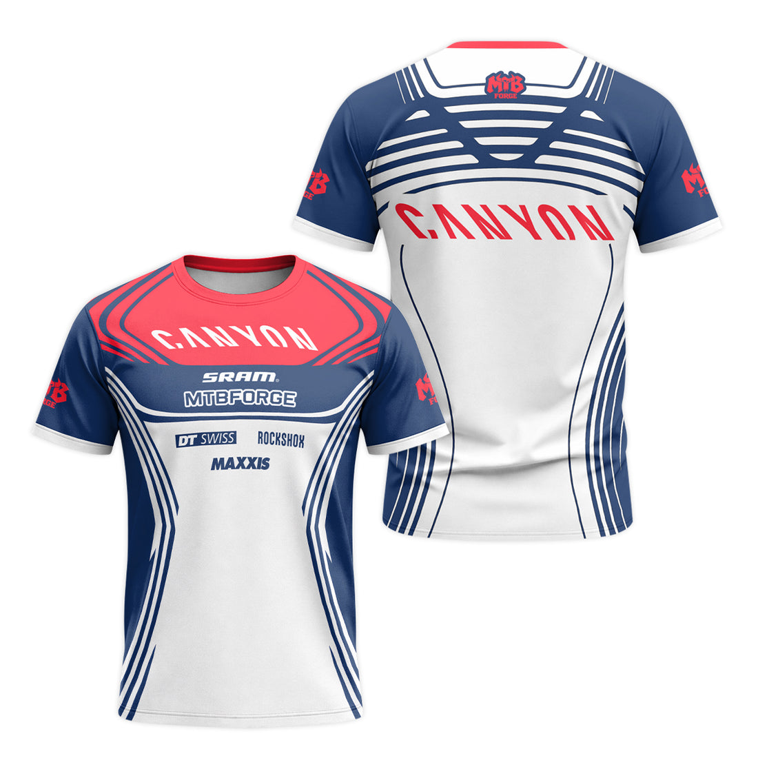Canyon SRAM DT Swiss Maxxis Blue White Short Sleeve Mountain Bike Jersey - front and back view